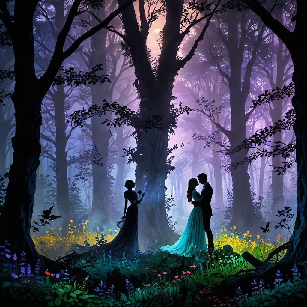 A mesmerizing scene of an enchanted forest at twilight, where ethereal figures whisper secrets of passion, surrounded by mist and soft glowing lights. Shadows play amidst the trees to evoke an air of mystery and allure, with hints of lush greenery and delicate flowers symbolizing hidden desires. Subtle silhouettes of lovers can be seen in the background, invoking intrigue and curiosity. super-realistic. vibrant colors. mystical atmosphere.