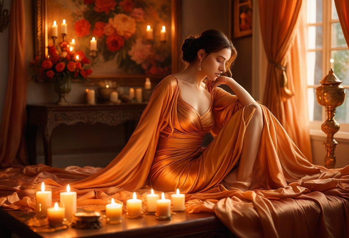 A mysterious figure intertwined with flowing silk fabrics, showcasing a blend of passion and elegance. The background features a dimly lit atmosphere with softly glowing candles and hints of floral elements, invoking a sense of intimacy. Subtle, warm colors dominate the scene, enhancing the theme of desire and sensuality. A delicate touch of abstract shapes adds a dreamlike quality to the composition. super-realistic. warm tones. intimate ambience.