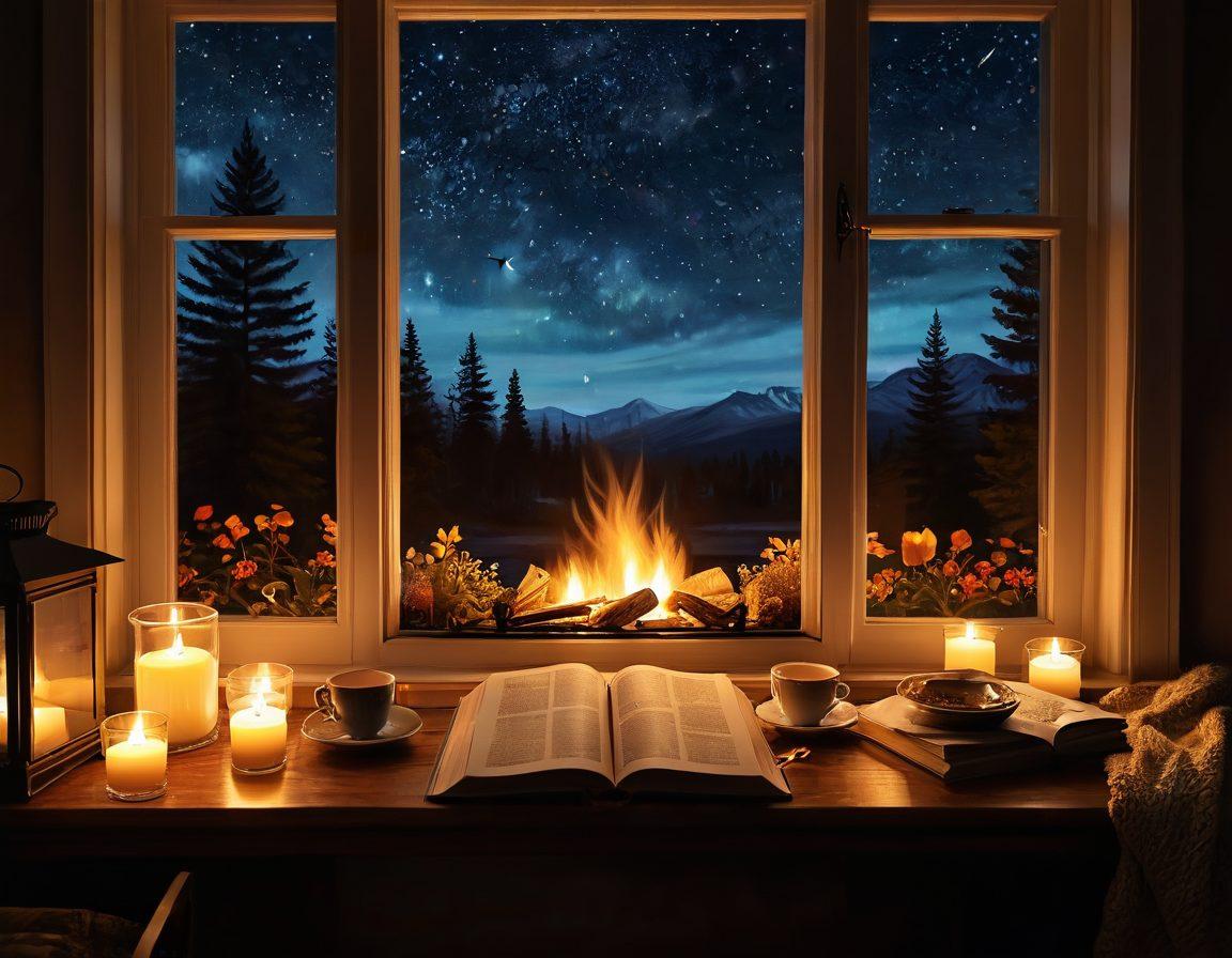 A cozy, inviting space with a glowing fireplace, where an open book lies surrounded by flickering candles and a steaming cup of tea. A window overlooks a starlit night, hinting at adventure beyond. The scene captures the warmth and intimacy of storytelling, with passionate, soft colors enveloping the space. Painting. Warm tones. Soft focus.